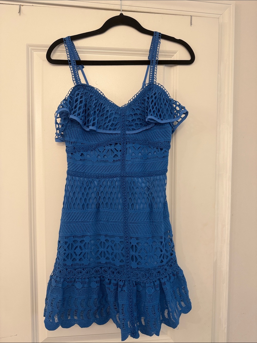 J.O.A. Bright Blue Crochet Ruffle Mini Dress Wedding Guest dress , summer dress